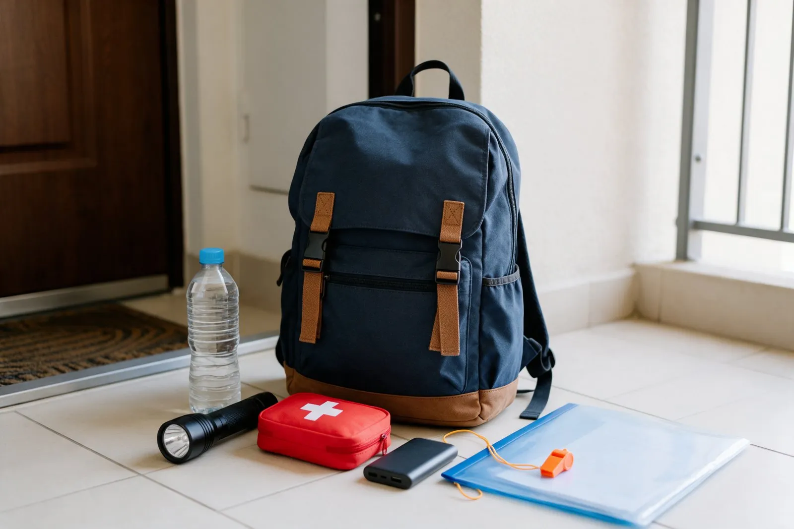 Earthquake emergency bag with water, flashlight, first aid kit and documents