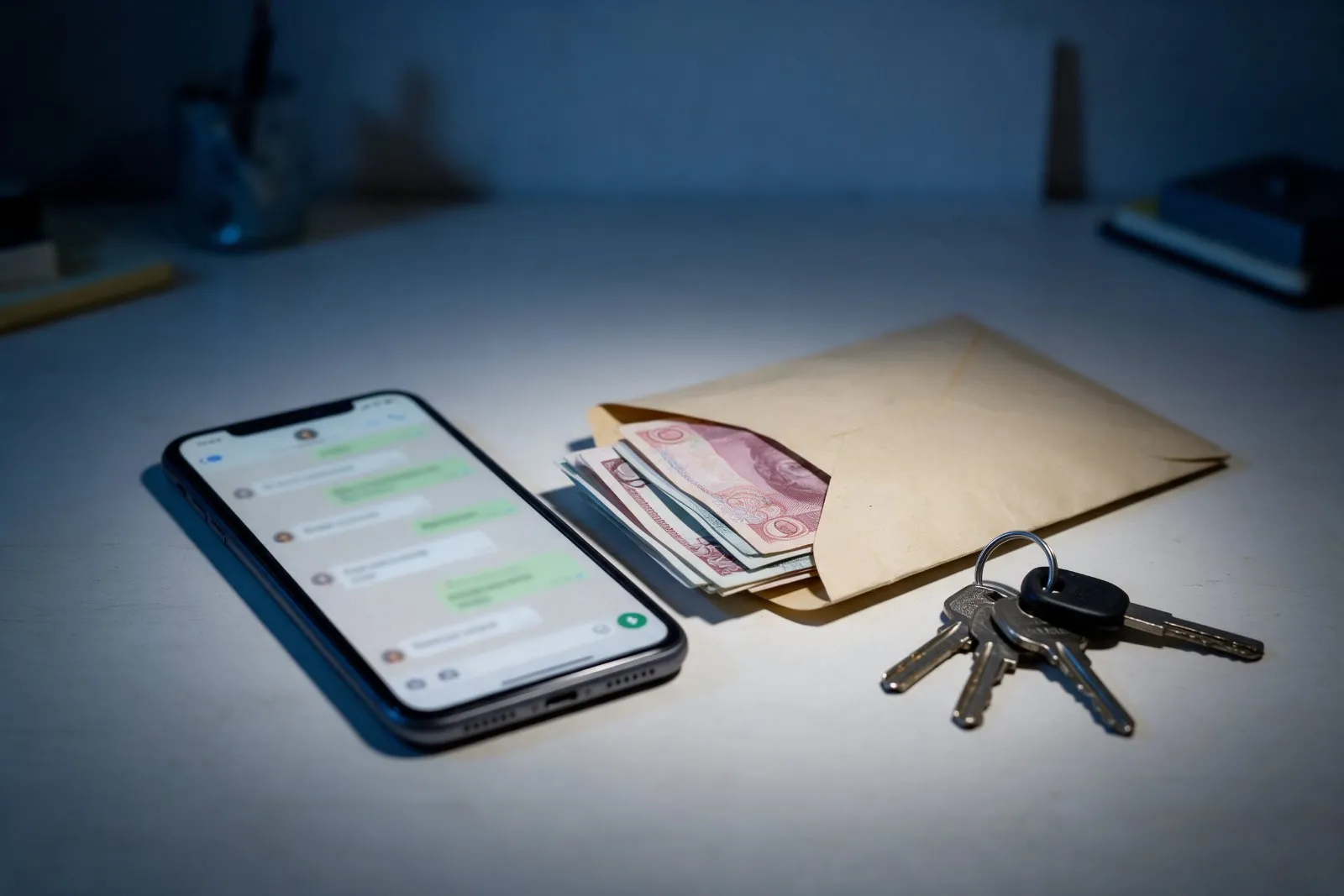 An envelope with cash and a smartphone showing a suspicious message